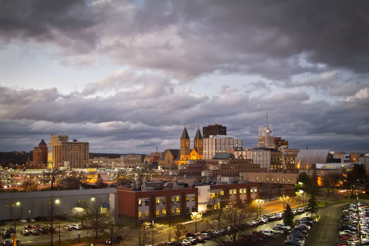 Downtown Akron, Ohio skyline at dusk